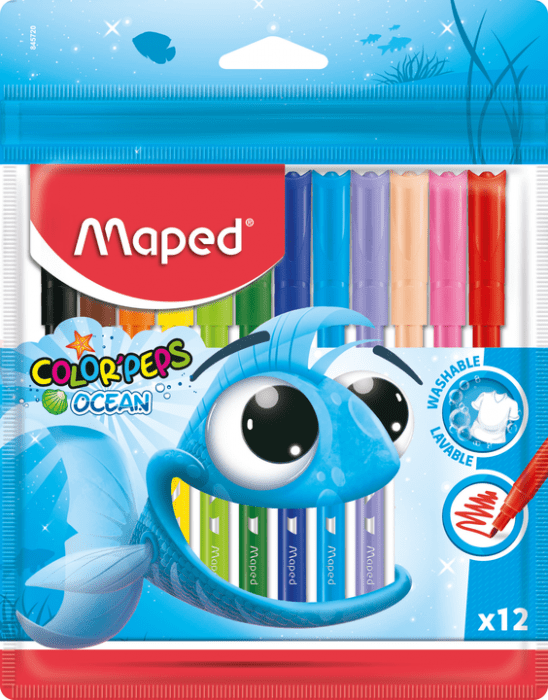 Feutres de coloriage Ocean de la gamme Color'peps à l'encre lavable vives, intenses et résistants, Référence 845720 - MAPED